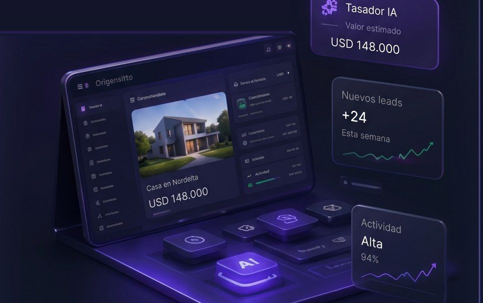 Oficina digital del agente inmobiliario: laptop con tasador IA, nuevos leads y actividad